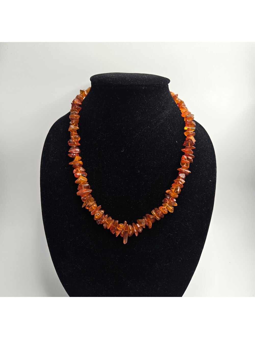 Vintage Baltic Amber Chip Necklace Cognac Honey Gemstone Beaded Gold Clasp 1980s
